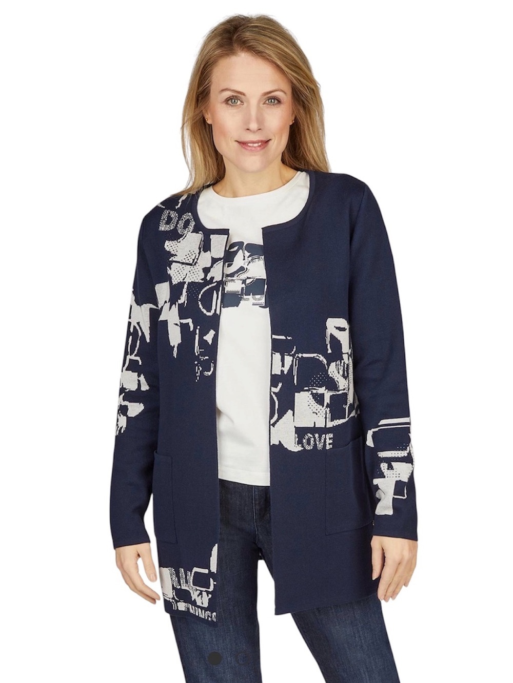 Rabe Open Mid-Length Print Navy and Beige Graphic Cardigan